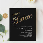 Budget de script en or noir Sweet 16 invitation<br><div class="desc">Une invitation Sweet 16 moderne. Arrière - plan noir classique et le mot Seize écrit avec de grandes lettres en faux or. Personnalisez et ajoutez un nom et des détails du parti. Texte blanc. 1 feuille = 1 invite imprimé bord à bord.</div>