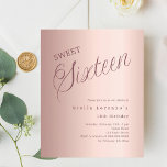 Budget de script or rose Sweet 16 invitation<br><div class="desc">Une invitation Sweet 16 moderne. arrière - plan en or rose et le mot Seize écrit avec de grandes lettres. Personnalisez et ajoutez un nom et des détails du parti. 1 feuille = 1 invite imprimé bord à bord.</div>