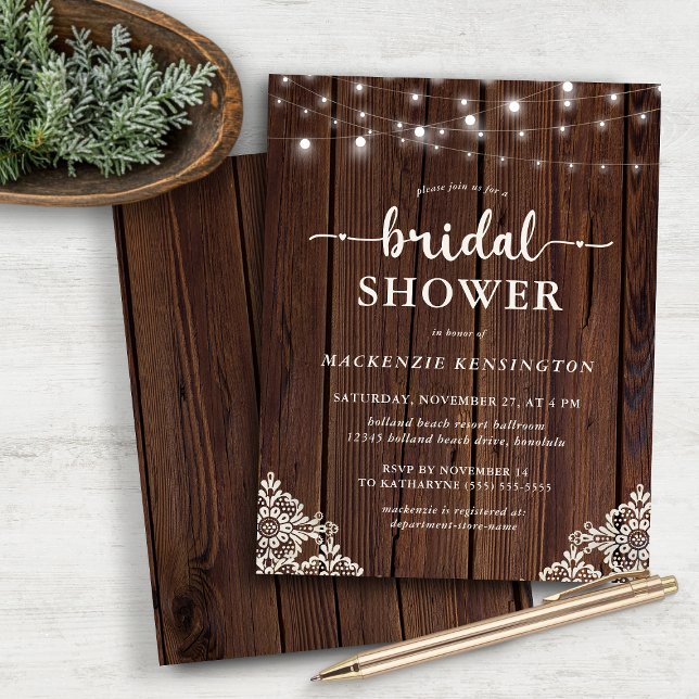 BUDGET Dentelle Rustique Chaîne de bois clair Fête (BUDGET Rustic Lace Wood String Light Bridal Shower Invitation)