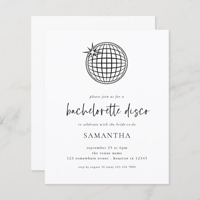 Budget Disco Ball Script Bachelorette Invitation (Devant / Derrière)