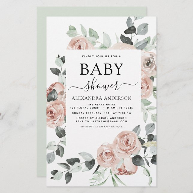 Budget Dusty Baby shower rose Floral Invitation (Devant / Derrière)