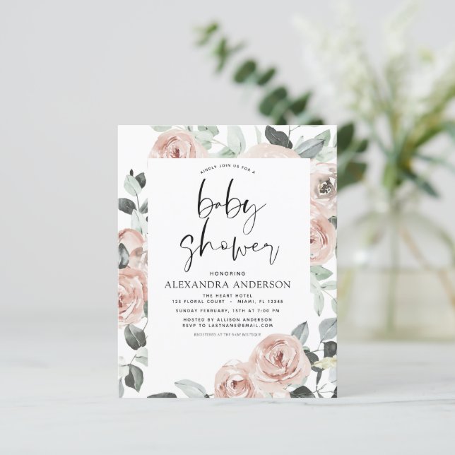 Budget Dusty Baby shower rose Floral Invitation (Debout devant)