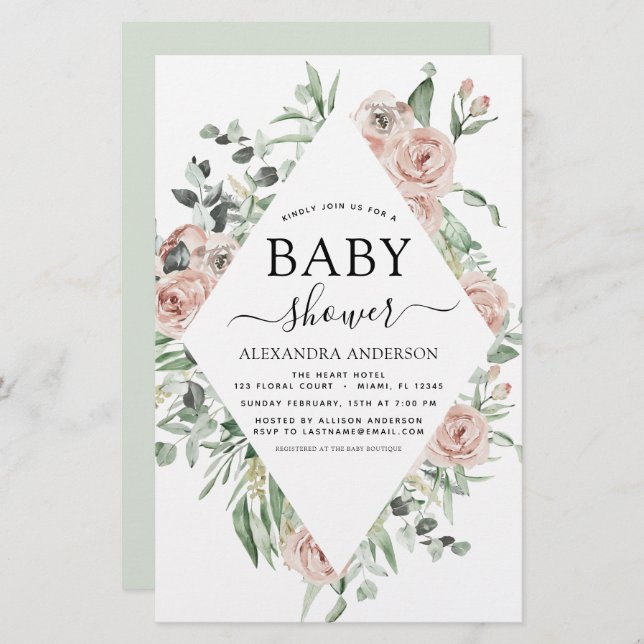 Budget Dusty Baby shower rose Floral Invitation (Devant / Derrière)
