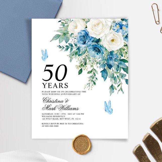 Budget Dusty Blue 50th Wedding Anniversary Invite (Créateur téléchargé)