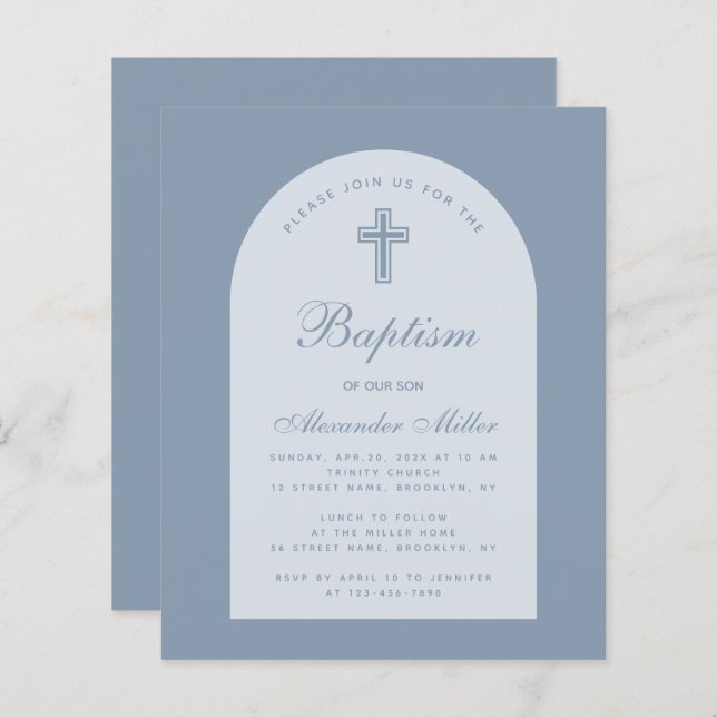Budget Dusty Blue Arch Boy Baptism Invitation (Devant / Derrière)