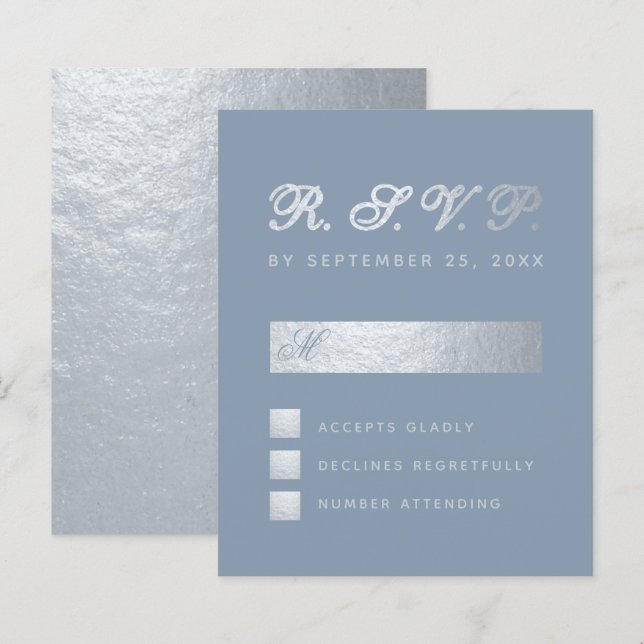 Budget Dusty Blue Argent Calligraphie Mariage RSVP (Devant / Derrière)