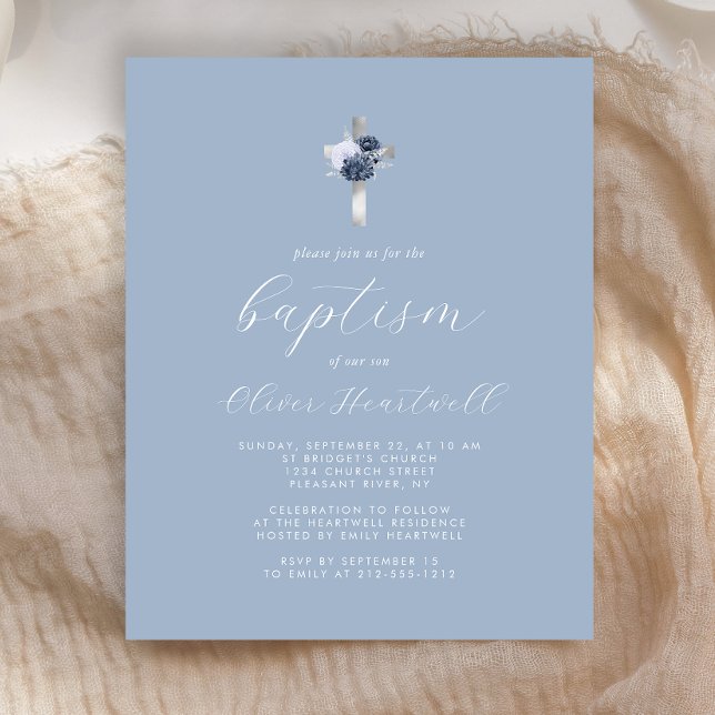 Budget Dusty Blue Argent Floral Croix Garçons Bapt (Créateur téléchargé)