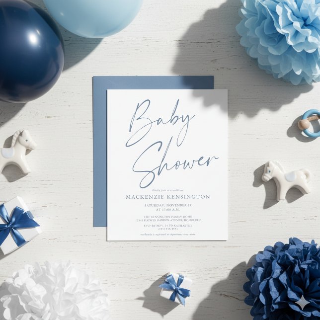 Budget Dusty Blue Baby shower de script manuscrit (Budget Dusty Blue Handwritten Script Baby Shower Invitations)