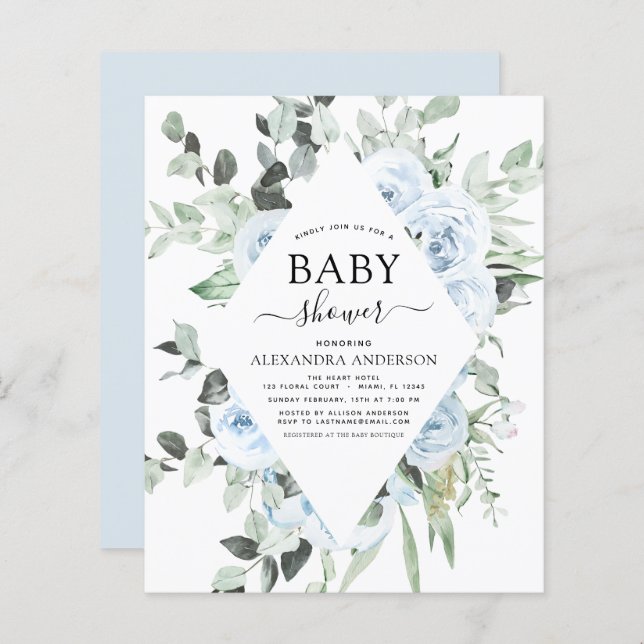 Budget Dusty Blue Baby shower Floral Invitation (Devant / Derrière)