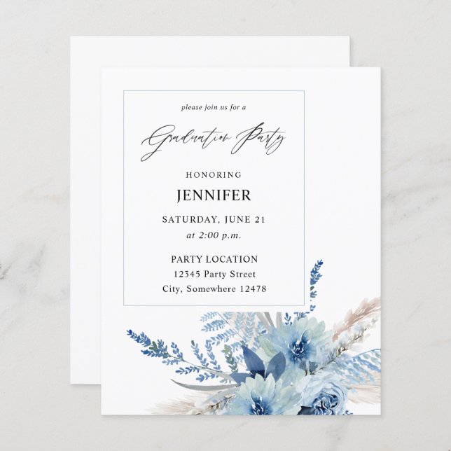 Budget Dusty Blue Boho Floral Graduation Party (Devant / Derrière)