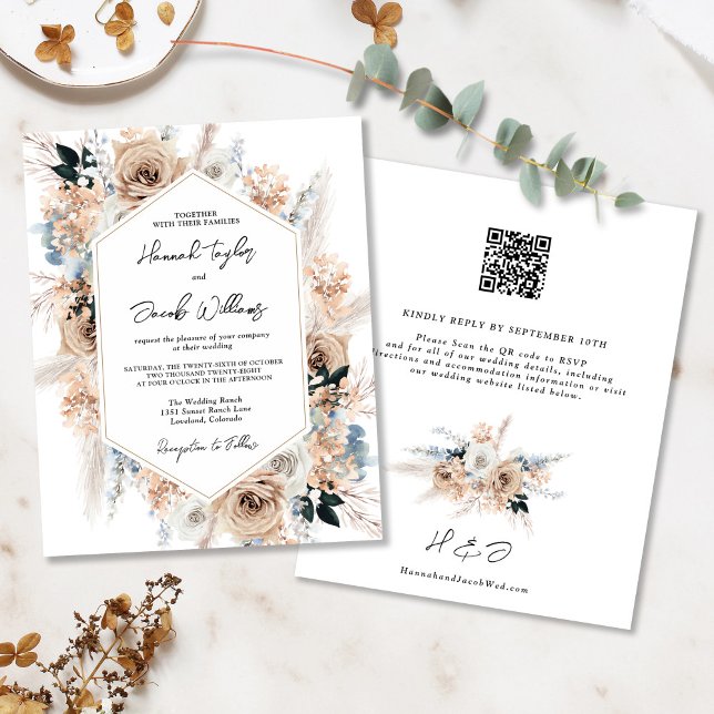 Budget Dusty Blue Champagne Mariage QR Code Invita (Créateur téléchargé)