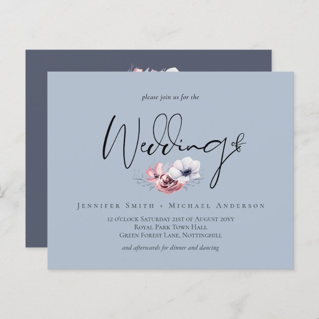 Budget Dusty Blue Coral Floral Mariage Invitation (Devant / Derrière)
