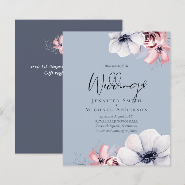 Budget Dusty Blue Coral Floral Script Mariage (Devant / Derrière)