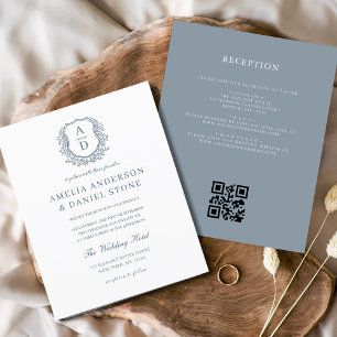 Budget Dusty Blue Crest Monogramme Mariage QR Code