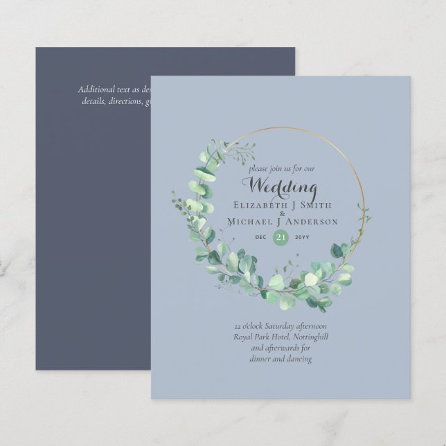 Budget Dusty Blue Eucalyptus Mariage Invite (Devant / Derrière)