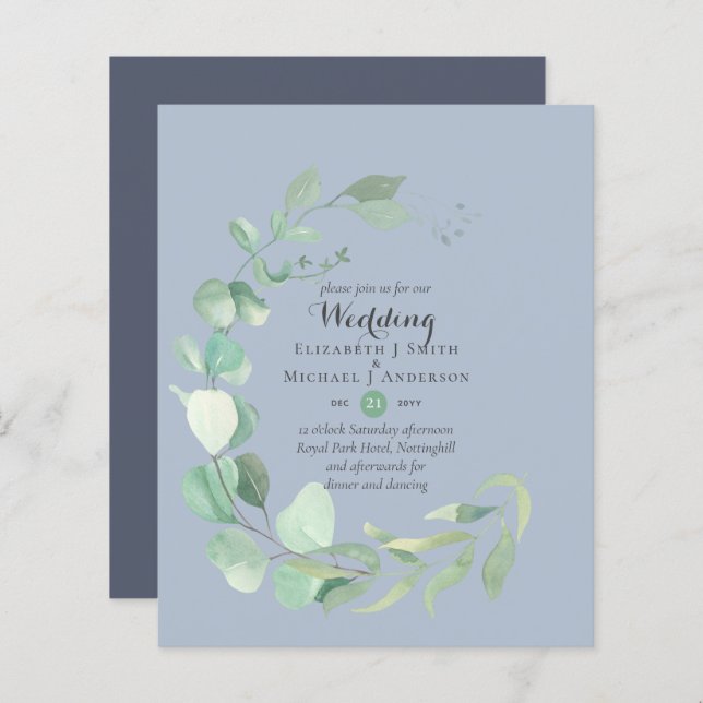Budget Dusty Blue Eucalyptus Mariage Invite (Devant / Derrière)