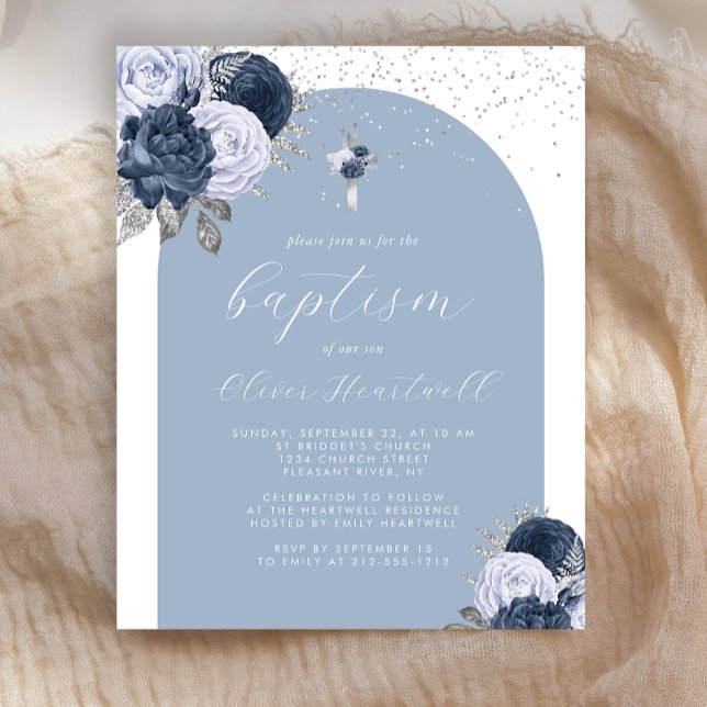 Budget Dusty Blue Fleurs Arche Croix Garçons Baptê (Créateur téléchargé)