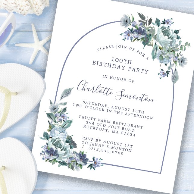 Budget Dusty Blue Floral 100e Invitation anniversa (Créateur téléchargé)