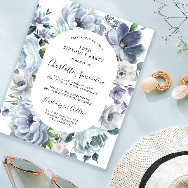 Budget Dusty Blue Floral 19e anniversaire Invitati (Créateur téléchargé)