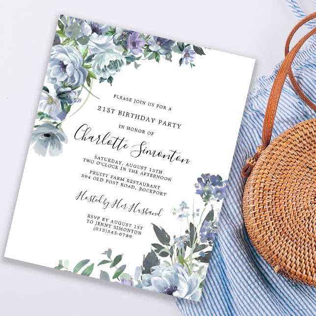 Budget Dusty Blue Floral 21e anniversaire Invitati (Créateur téléchargé)