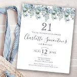 Budget Dusty Blue Floral 21e anniversaire Invitati<br><div class="desc">Une pivoine bleue poussiéreuse et des fleurs sauvages décorent une jolie invitation à l'anniversaire. La calligraphie moderne ajoute au Boho Vibe.</div>