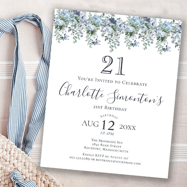 Budget Dusty Blue Floral 21e anniversaire Invitati (Créateur téléchargé)