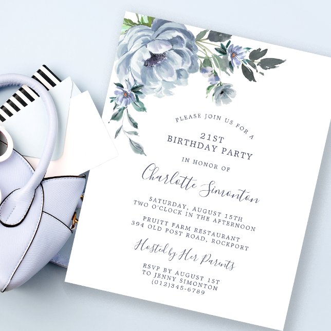Budget Dusty Blue Floral 21e anniversaire Invitati (Créateur téléchargé)