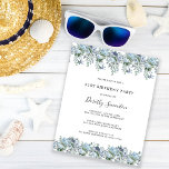 Budget Dusty Blue Floral 21e anniversaire Invitati<br><div class="desc">Des fleurs sauvages et des pivoines bleues et poussiéreuses forment de très jolies bordures de haut et de bas sur cette invitation d'anniversaire</div>