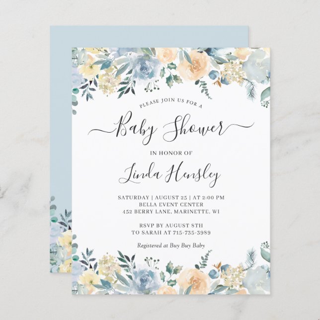 Budget Dusty Blue Floral Baby shower Invitation (Devant / Derrière)