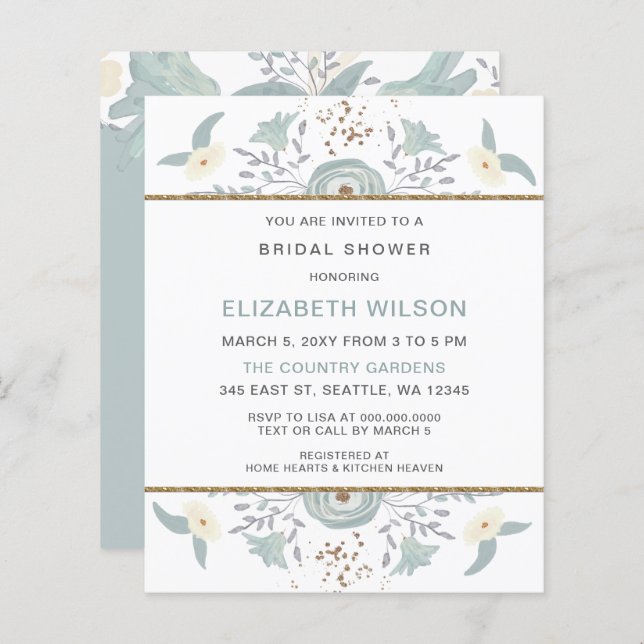 Budget Dusty Blue Floral Bridal Shower Invitation (Devant / Derrière)