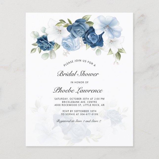 Budget Dusty Blue Floral Bridal Shower Invitation (Devant)