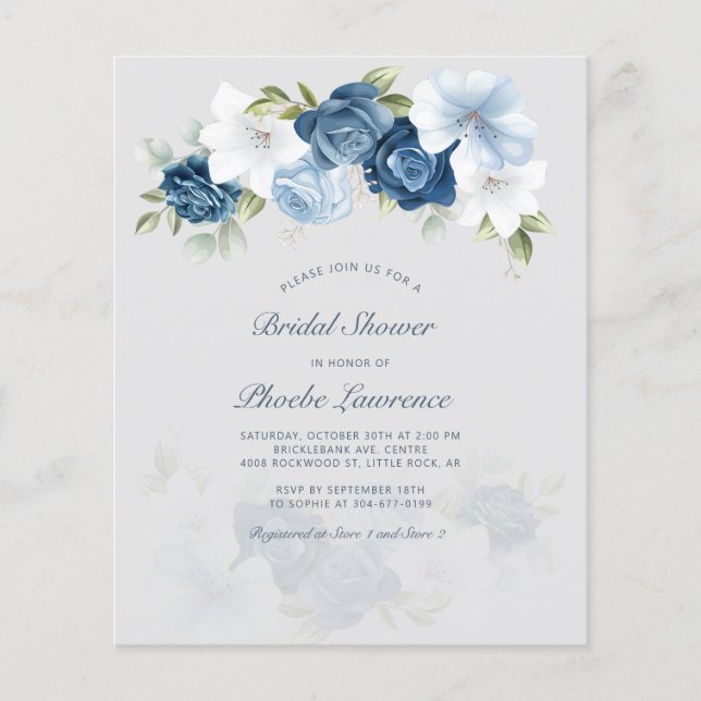 Budget Dusty Blue Floral Bridal Shower Invitation (Devant)