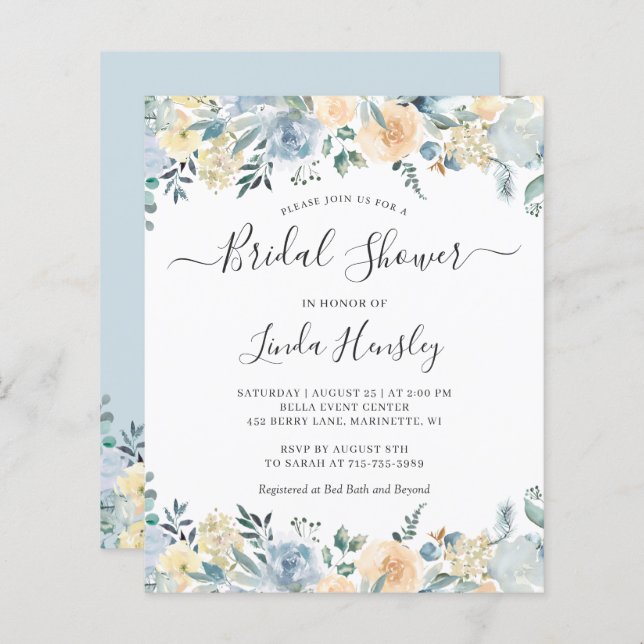 Budget Dusty Blue Floral Bridal Shower Invitation (Devant / Derrière)