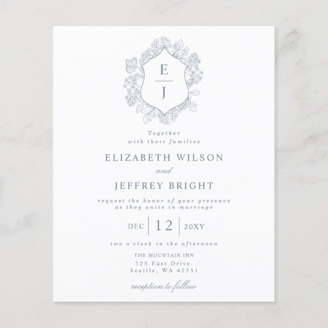 Budget Dusty Blue Floral Crest Monogramme Invitati (Devant)