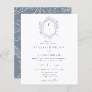 Budget Dusty Blue Floral Crest Monogramme Invitati