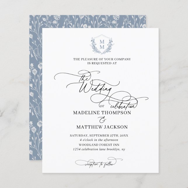 Budget Dusty Blue Floral Crest Monogramme Mariage (Devant / Derrière)