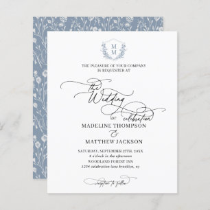 Budget Dusty Blue Floral Crest Monogramme Mariage