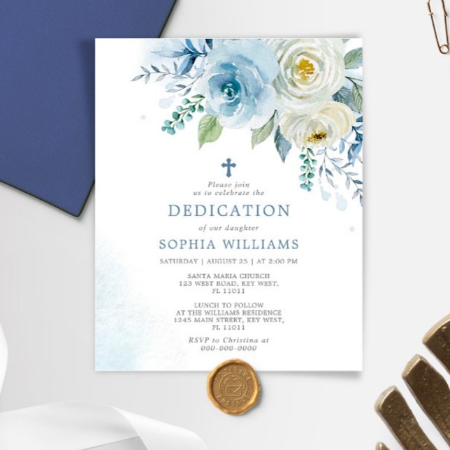 Budget Dusty Blue Floral Dedication Invitation (Créateur téléchargé)