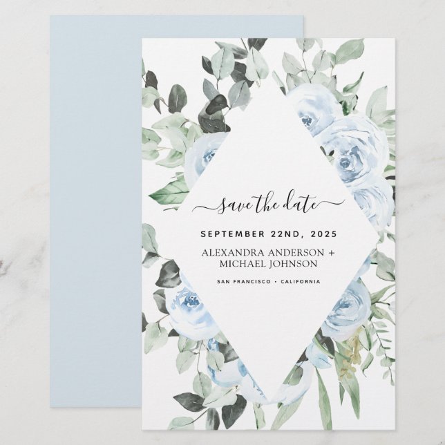 Budget Dusty Blue Floral Enregistrer la date Verdu (Devant / Derrière)