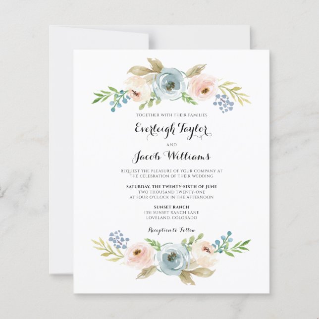 Budget Dusty Blue Floral Faire-part de mariage (Devant)