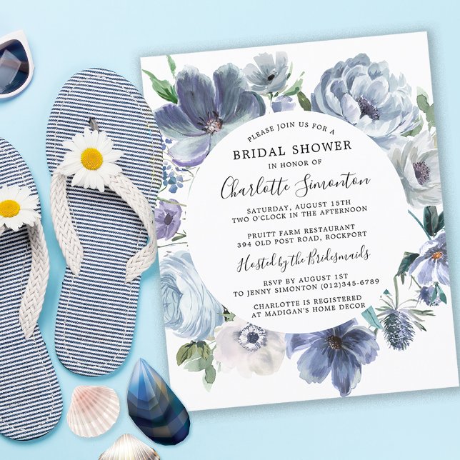 Budget Dusty Blue Floral Fête des mariées Invitati (Coastal Chic Dusty Blue Bridal Shower Invitation)