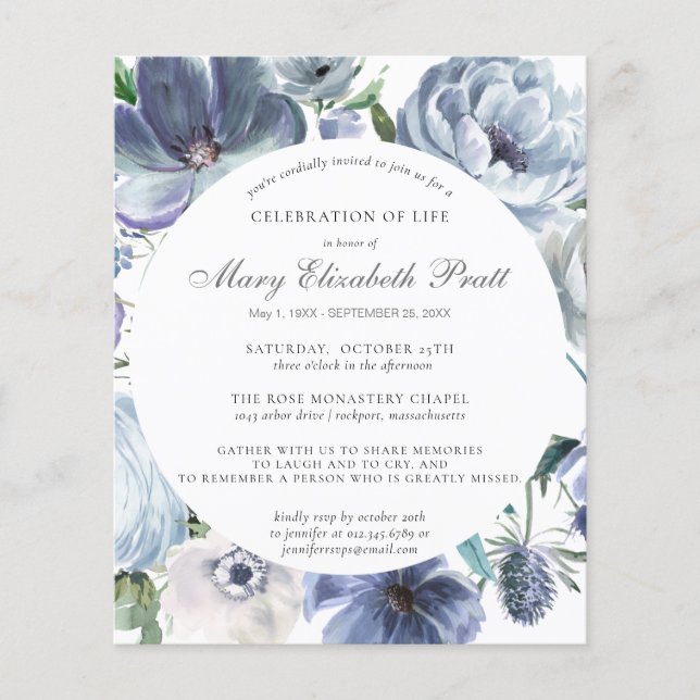 Budget Dusty Blue Floral Funeral Invitation (Devant)