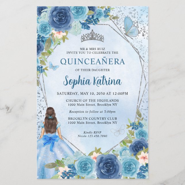 Budget Dusty Blue Floral Grey Princess Quinceañera (Devant)