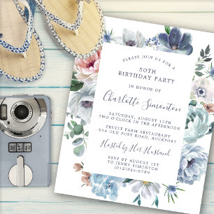 Budget Dusty Blue Floral Invitation 50e anniversai