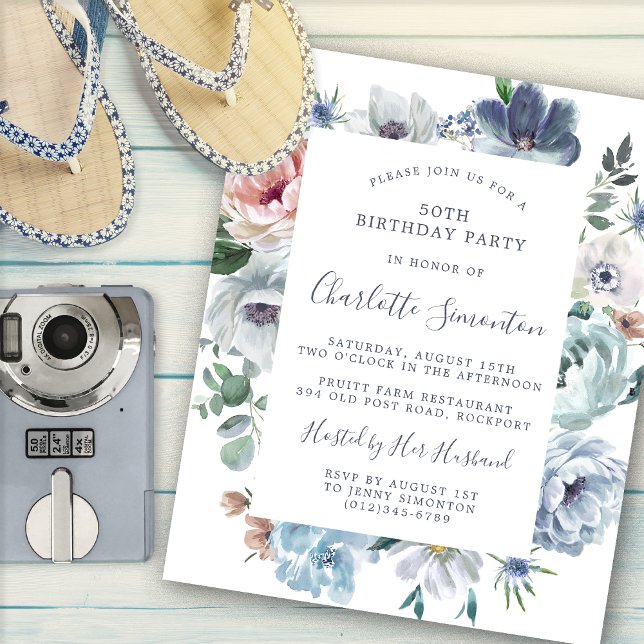 Budget Dusty Blue Floral Invitation 50e anniversai (Créateur téléchargé)