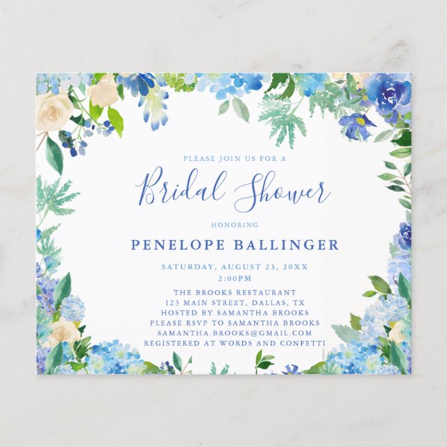Budget Dusty Blue Floral Invitations de douche nup (Devant)