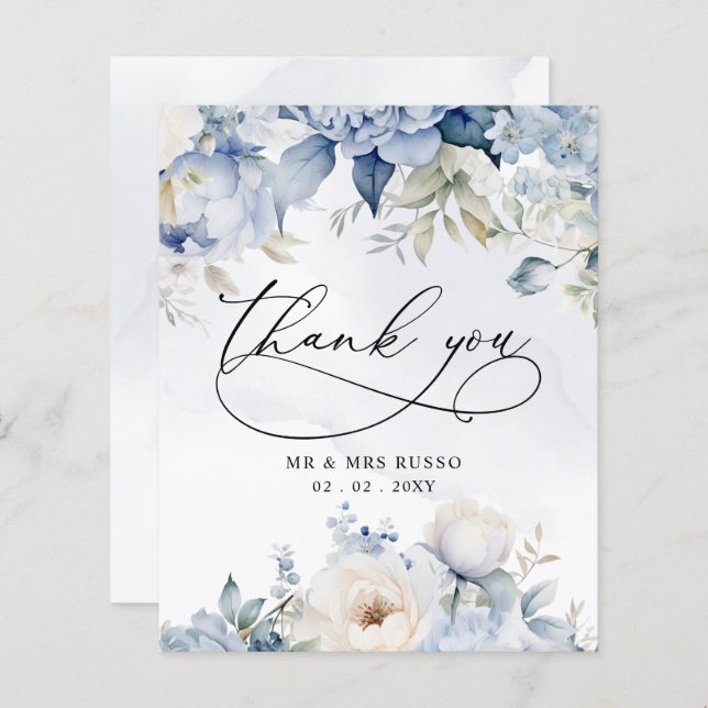 Budget Dusty Blue Floral Mariage Carte de remercie (Devant / Derrière)