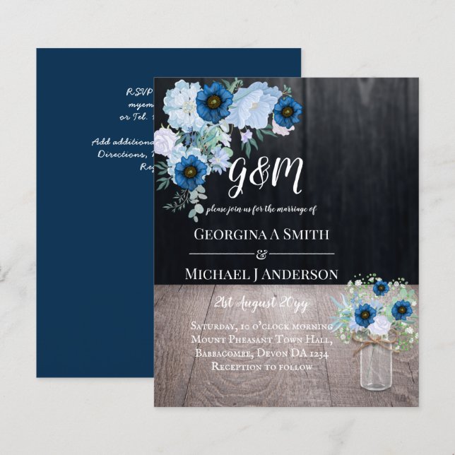 BUDGET Dusty Blue Floral Mariage Invitation (Devant / Derrière)