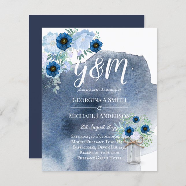 BUDGET Dusty Blue Floral Mariage Invitation (Devant / Derrière)
