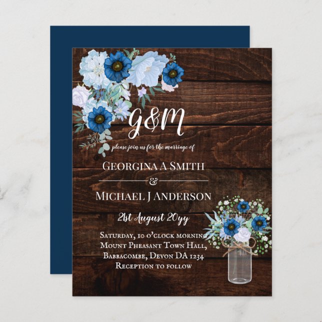 BUDGET Dusty Blue Floral Mariage Invitation (Devant / Derrière)